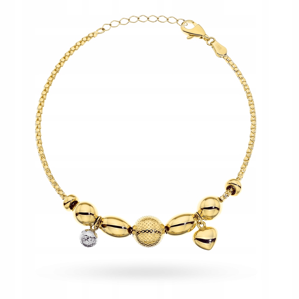 Zlatý náramek 585 s kuličkami a srdcem ve dvou barvách s diamantováním
