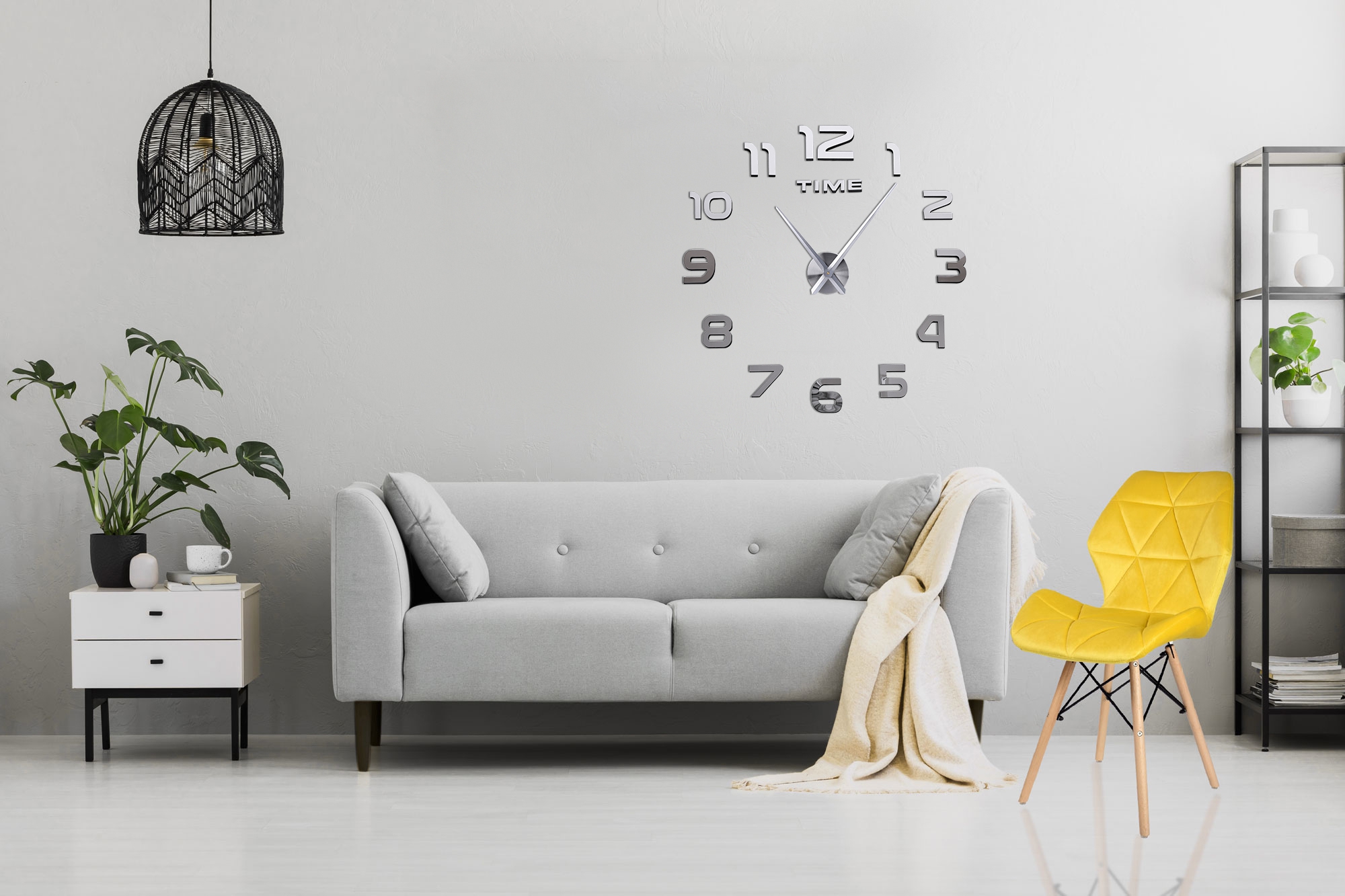 ZEGAR ŚCIENNY DIY DUŻY NAKLEJANY NA ŚCIANĘ 3D CICHY 65-120CM SREBRNY LUSTRO Kolor srebrny