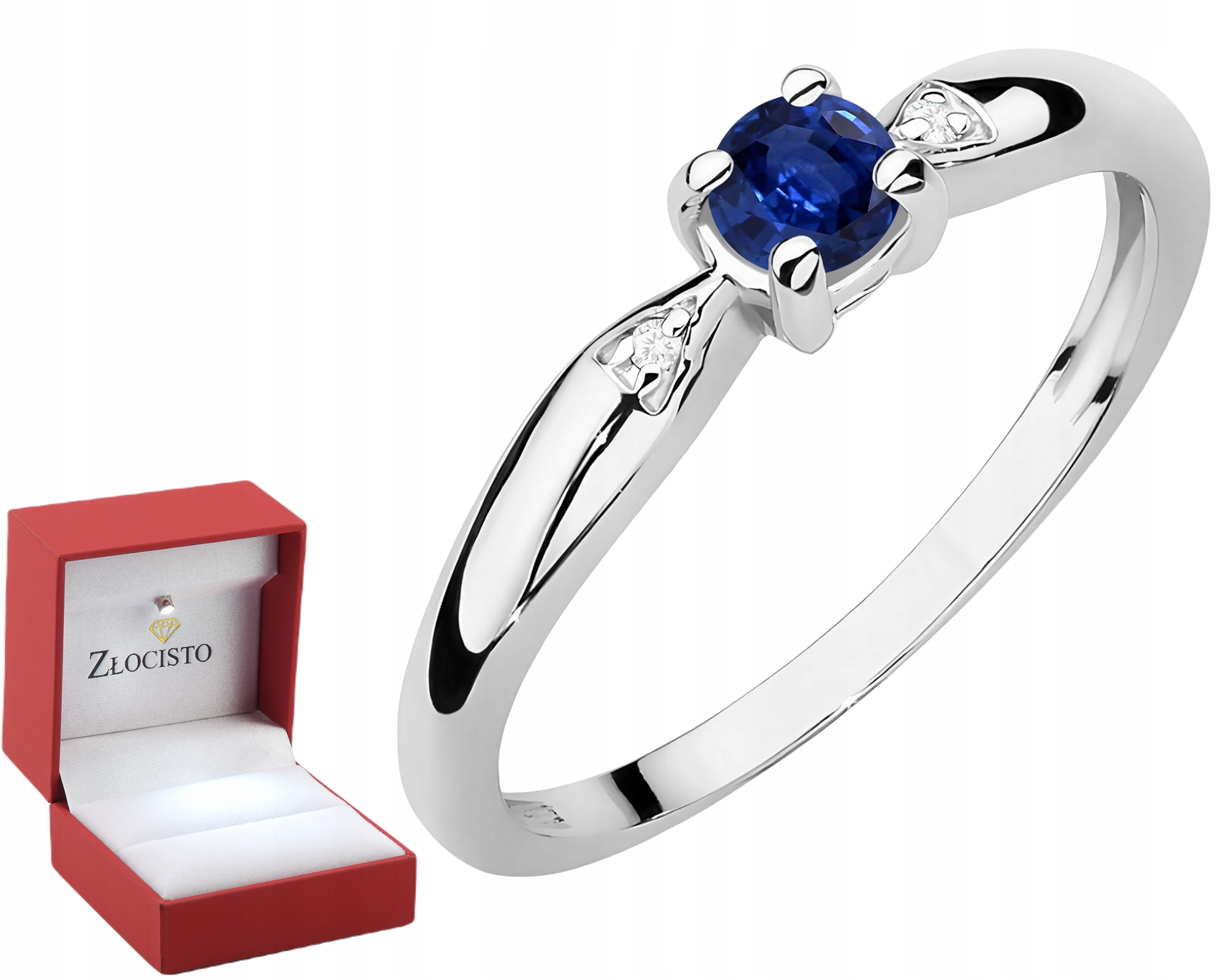 Bílý zlatý prsten s modrým safírem a diamanty 585 14K