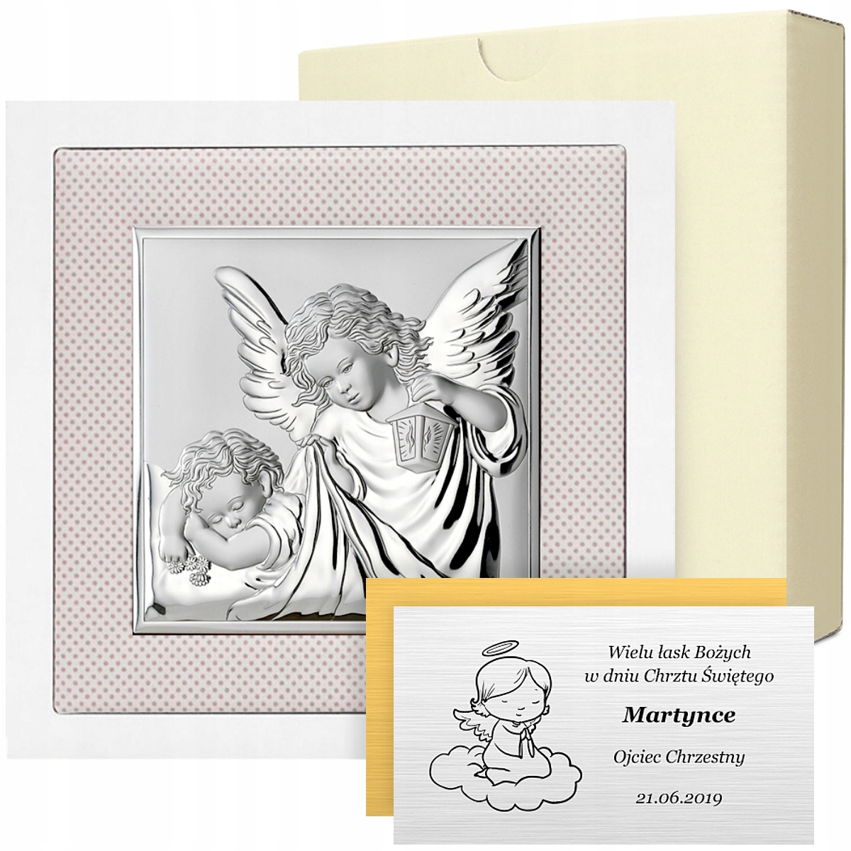 

Srebrny Obrazek Aniołek Pamiątka Chrztu Z Grawerem