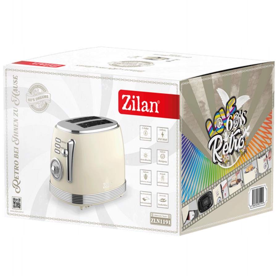 TOSTER RETRO CHROM 2 TOSTY, 6 POZIOMÓW, BEŻOWY 850W Marka Zilan