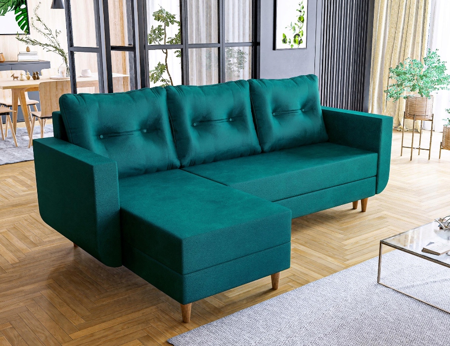 Univerzální rozkládací rohová sedací souprava Baldur v tyrkysové barvě ve skandinávském stylu.