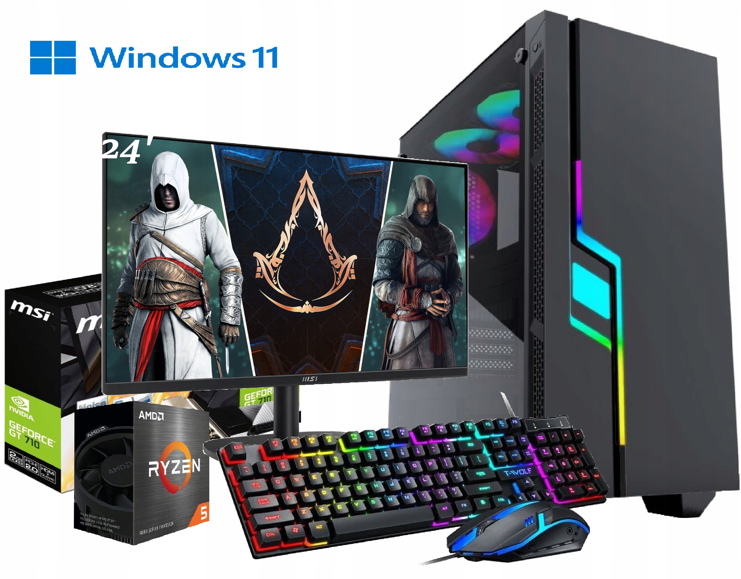 Herní sada Ryzen 5, Gt 710 2GB, 16GB DDR4, 480GB M2 WIN11 Monitor 24'