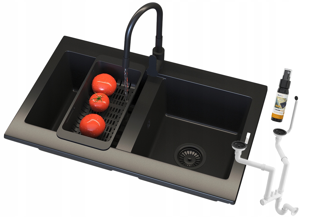 Kuchyňský Granitový Dřez Černý Verso Košík Baterie Sifon