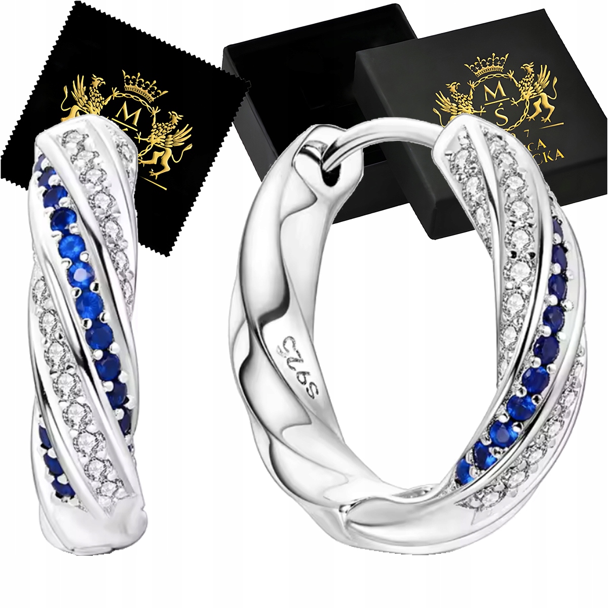 Náušnice Kola Stříbro 925 Zirkony Modré Bílé Anglické Zapínání