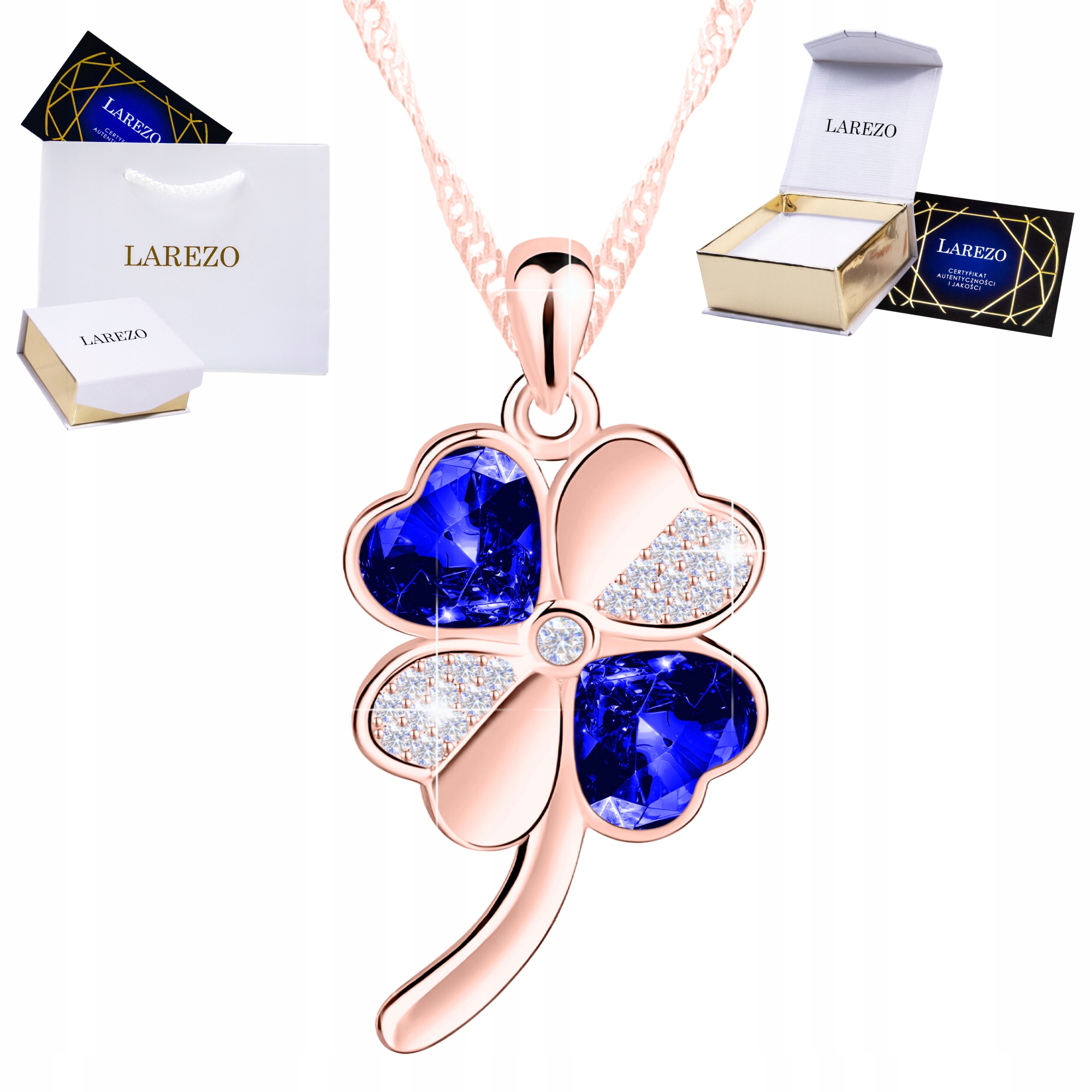 Růžový náhrdelník 925 Modré srdíčko Pozlacený Čtyřlístek Čtyřlístek