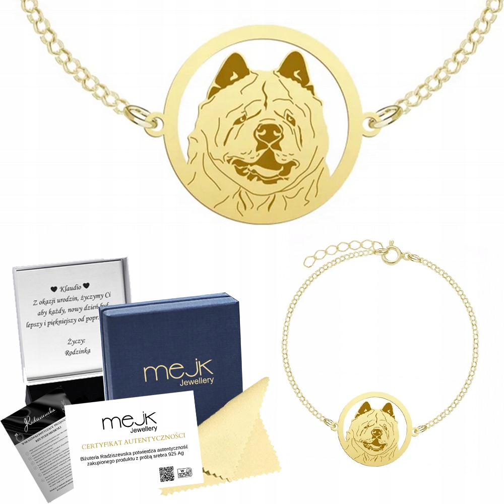 Zlatý náramek se psem Chow chow Soft 925 Šperky Dárek Gravírování Bonus