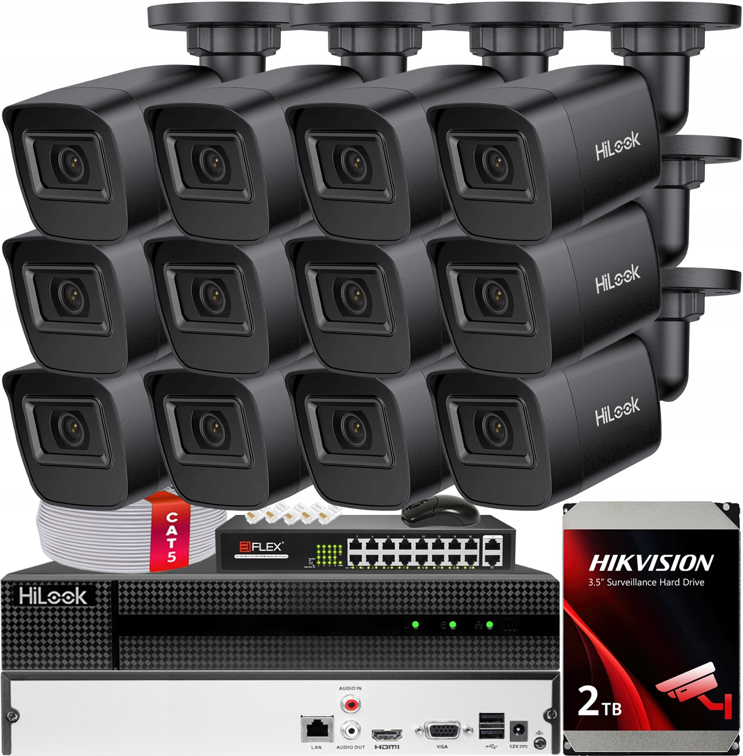 Sada pro monitorování 12x Kamera IPC-B141H-C Black 4Mpx HiLook od společnosti Hikvision