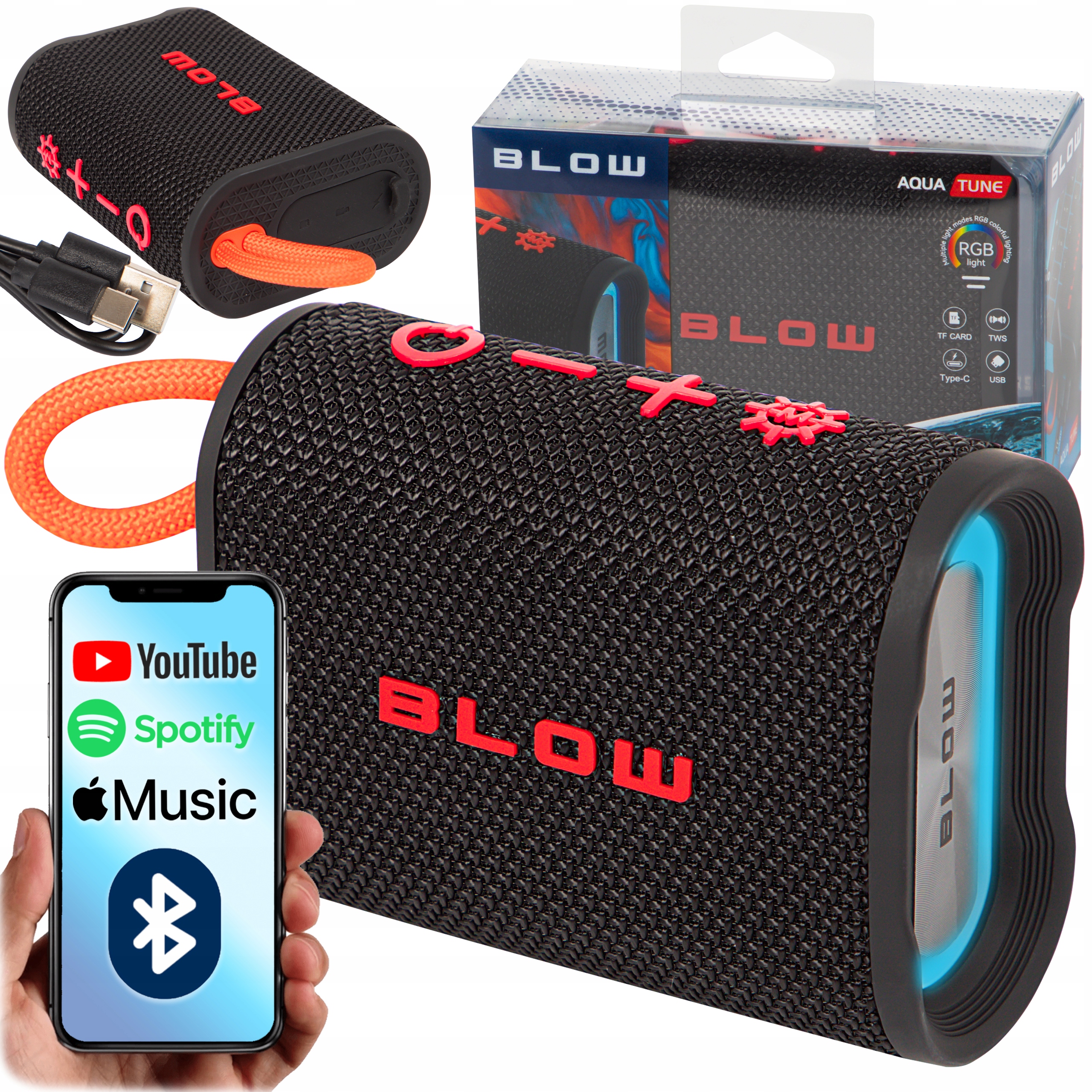 GŁOŚNIK BLUETOOTH PRZENOŚNY BEZPRZEWODOWY WODOODPORNY IP67 RADIO FM USB RGB