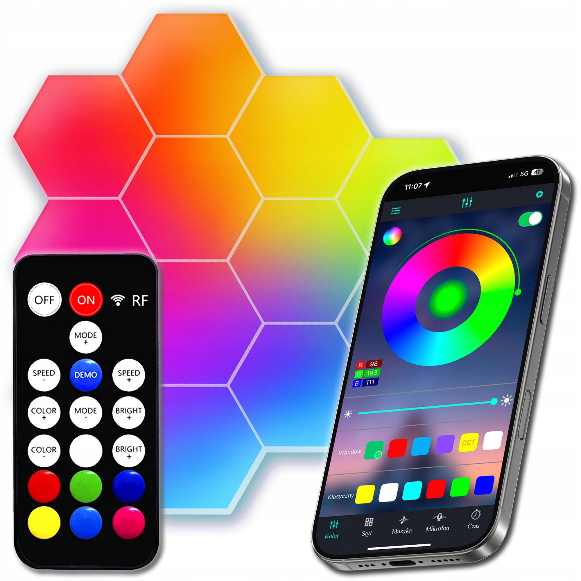 Lampka Hexagon Dekoracja Ścienna Plaster Miodu Led Rgb Apka Pilot 12 szt