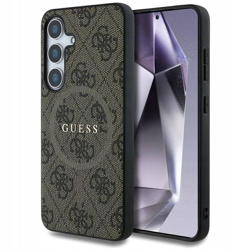 Pouzdro Guess pro Galaxy S25 MagSafe Leather 4G Originální Módní Hnědé Zadní Kryt
