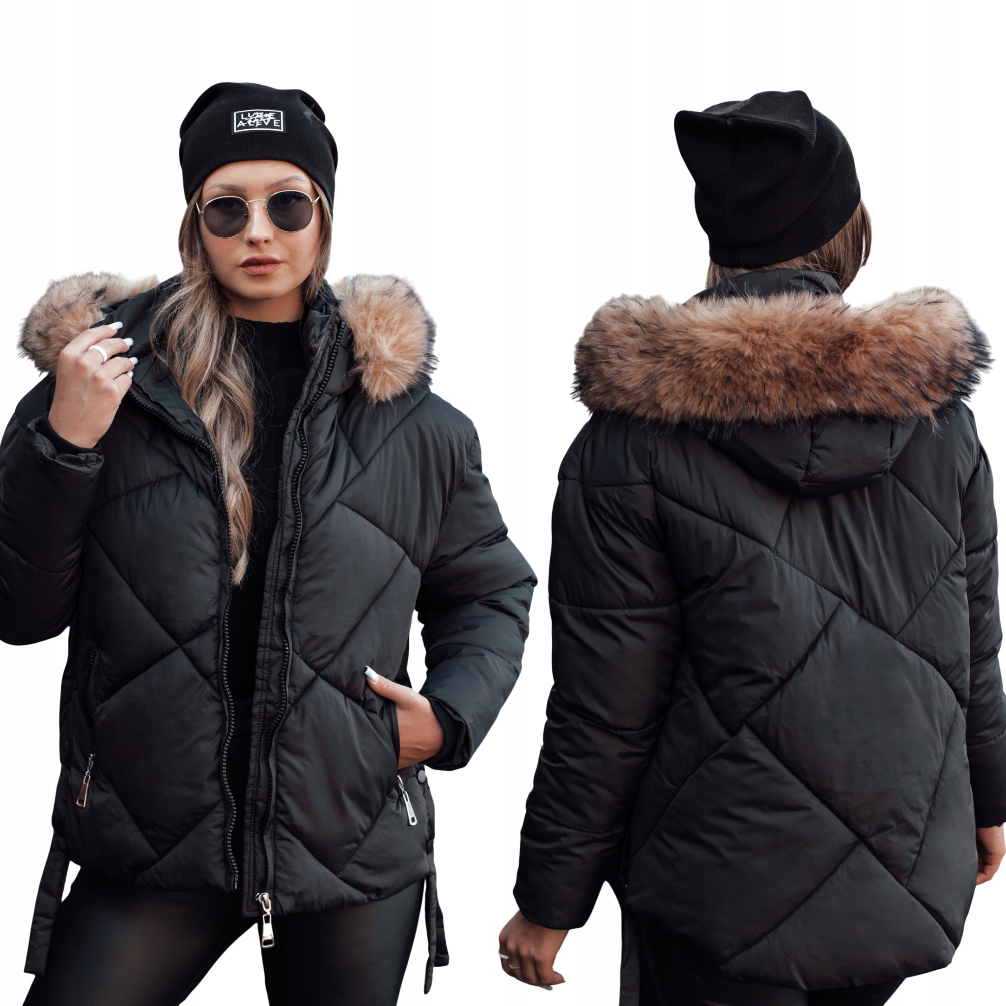 Kurtka damska zimowa pikowana z kapturem czarna TY4716 M