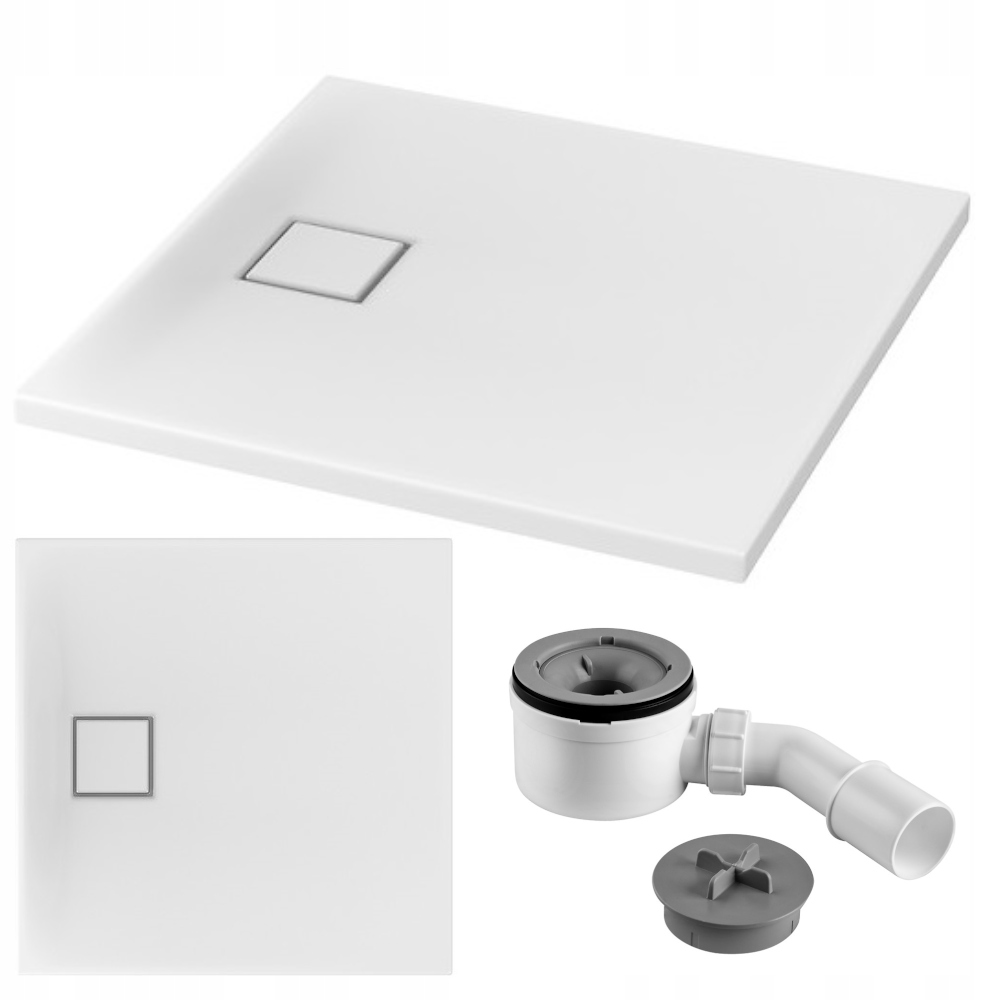 Brodzik kwadratowy posadzkowy biały Tako Slim 80x80x4 Cersanit syfon
