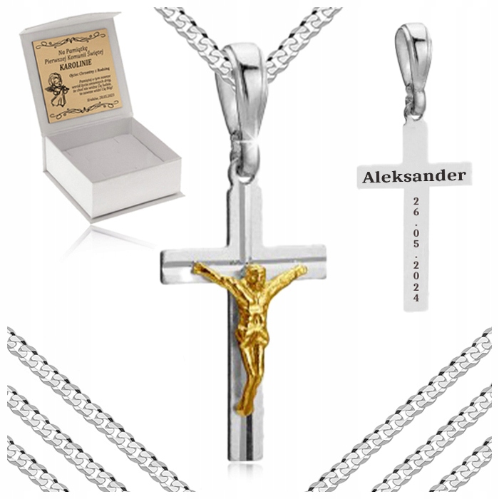 SREBRNY NASZYJNIK KOMUNIJNY ŁAŃCUSZEK + POZŁACANY KRZYŻ Z JEZUSEM + GRAWER