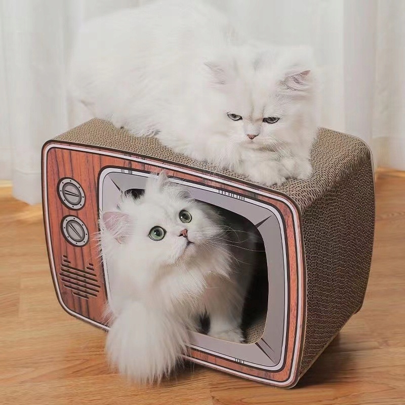 Levně Retro kartonové škrabadlo pro kočky Tv s koťátkem 44×34×23 cm