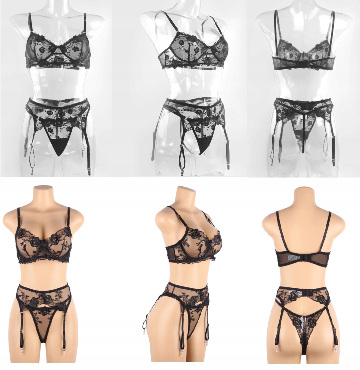 CZARNY KOMPLET BIELIZNA DAMSKA SEXY KORONKOWA Wzór dominujący aztecki