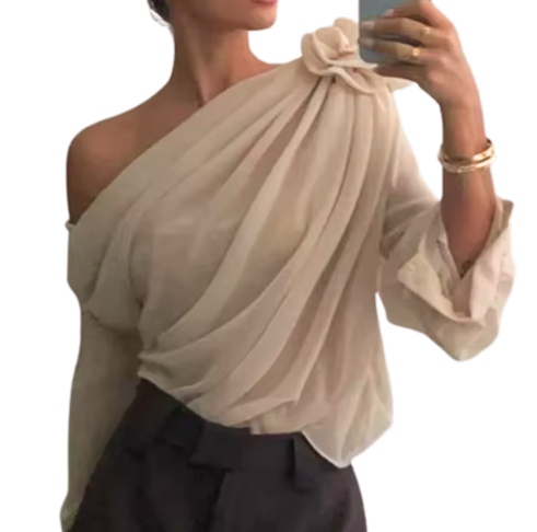 Bluzka damska tiulowa na jedno ramię z ozdobną różą beżowa luźna