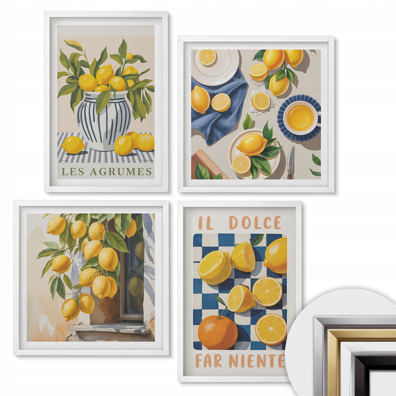 Obrazy 40x60 50x50 Sada 4 kusů Komplet Citrusové ovoce retro žluté