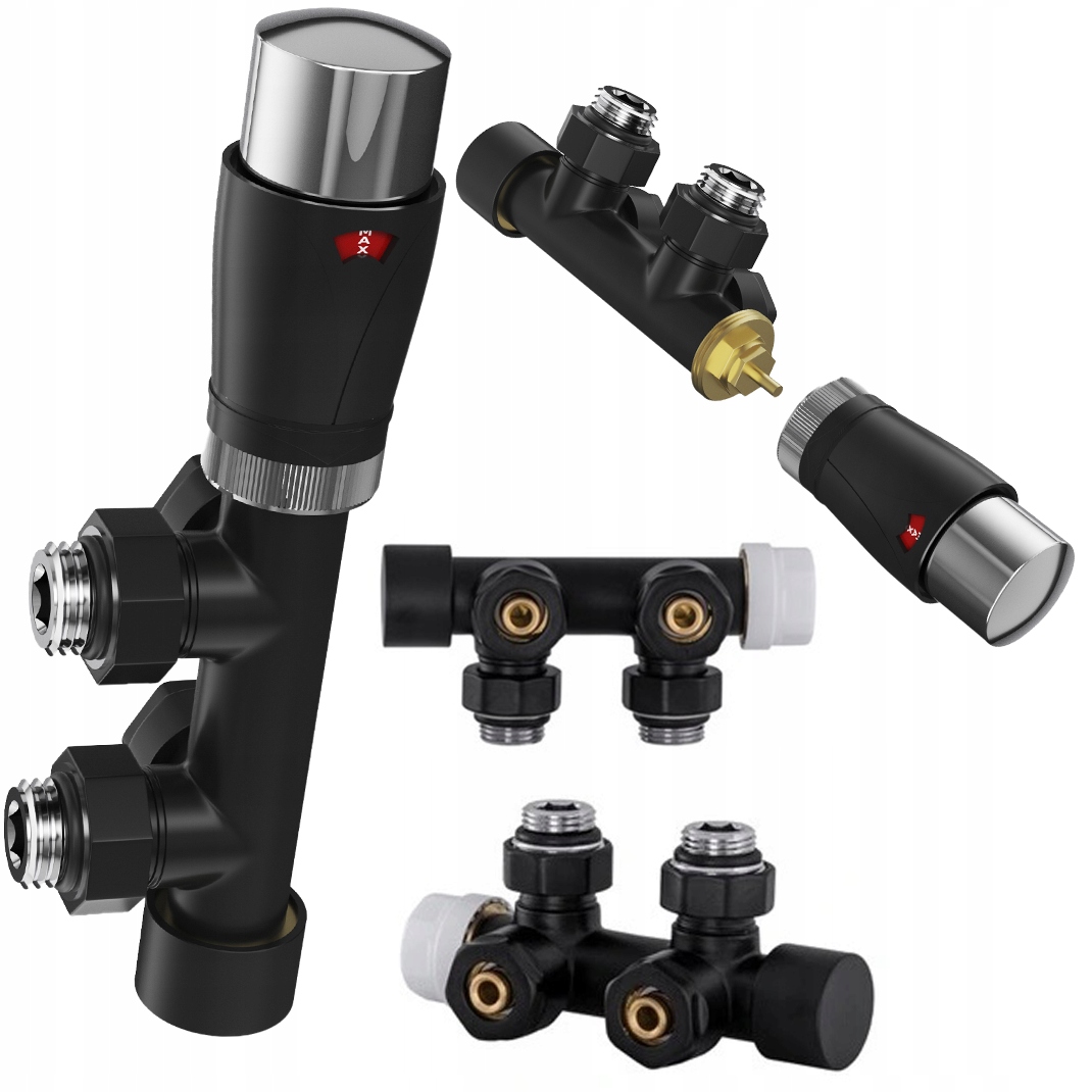 Termostatický ventil Pex pre radiátor, mosadzný komplet, hlavica 1/2, čierny