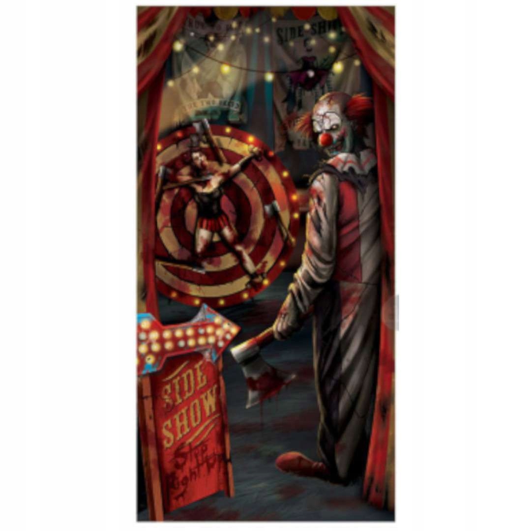 DEKORACJA na drzwi KLAUN upiór OFIARA HALLOWEEN