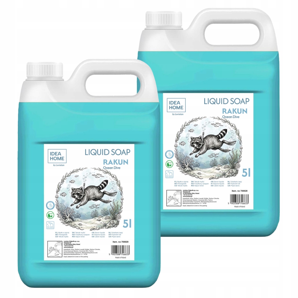 2x MYDŁO W PŁYNIE 5l Rakun OCEAN DIVE KREMOWE mydło do rąk i ciała ZAPAS