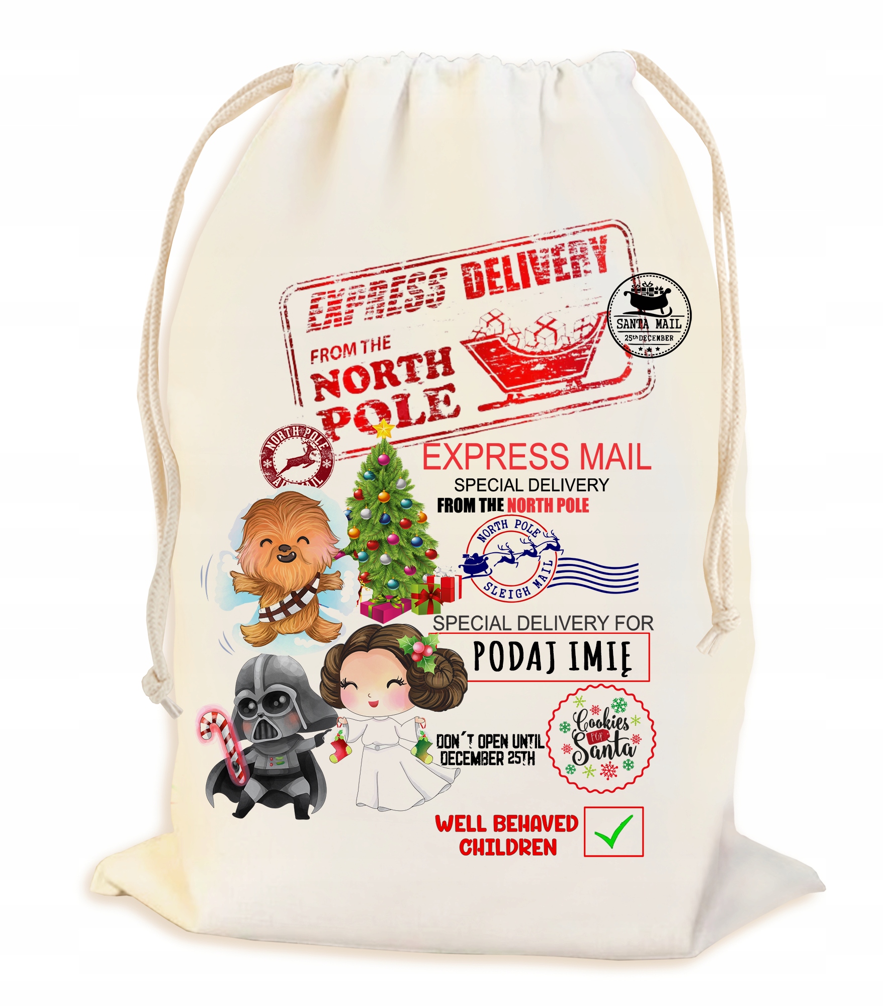 PEROSNALIZOWANY WOREK NA ŚWIĄTECZNY PREZENT POD CHOINKĘ Z IMIENIEM 23*34CM