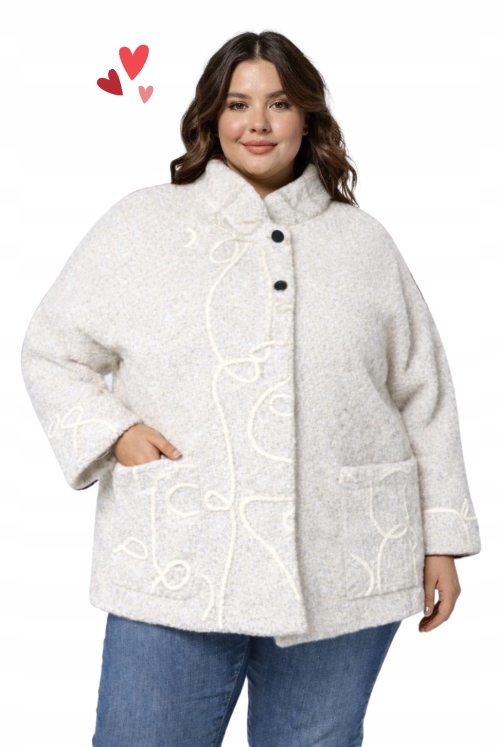 Płaszczyk przejściowy typu pelerynka kurtka boucle haft Plus Size 50 52 6XL