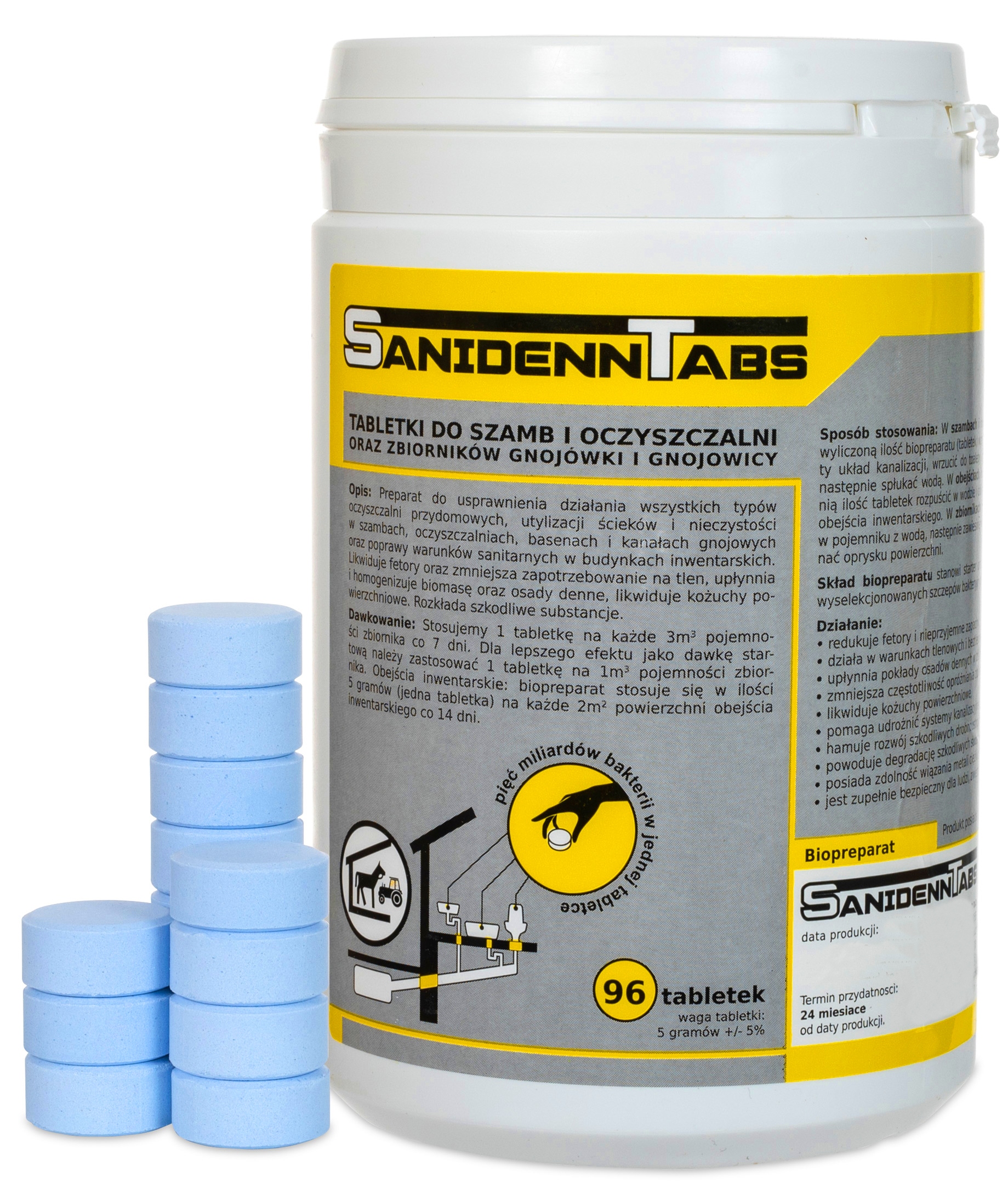 SANIDENN TABLETKI BAKTERIE DO OCZYSZCZALNI SZAMBA NA KOŻUCH TŁUSZCZE 96+4