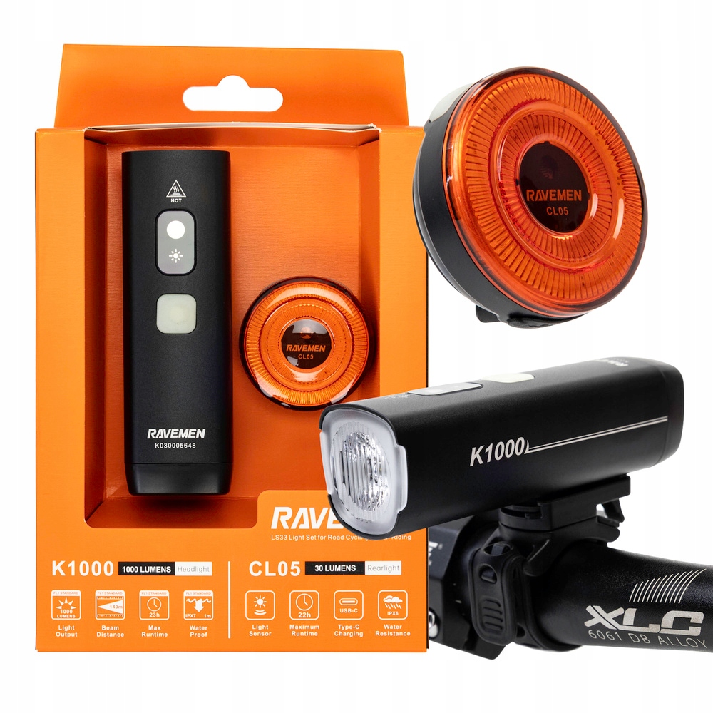 Přední světlo na kolo Ravemen K1000 1000 lm zadní CL0 30 lm Usb-c Set