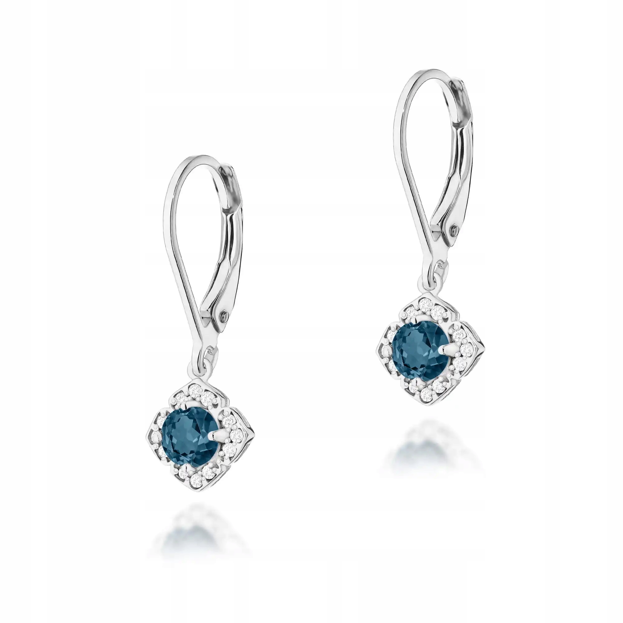 Zlaté náušnice 585 s topazem London Blue z bílého zlata, elegantní visací 14k