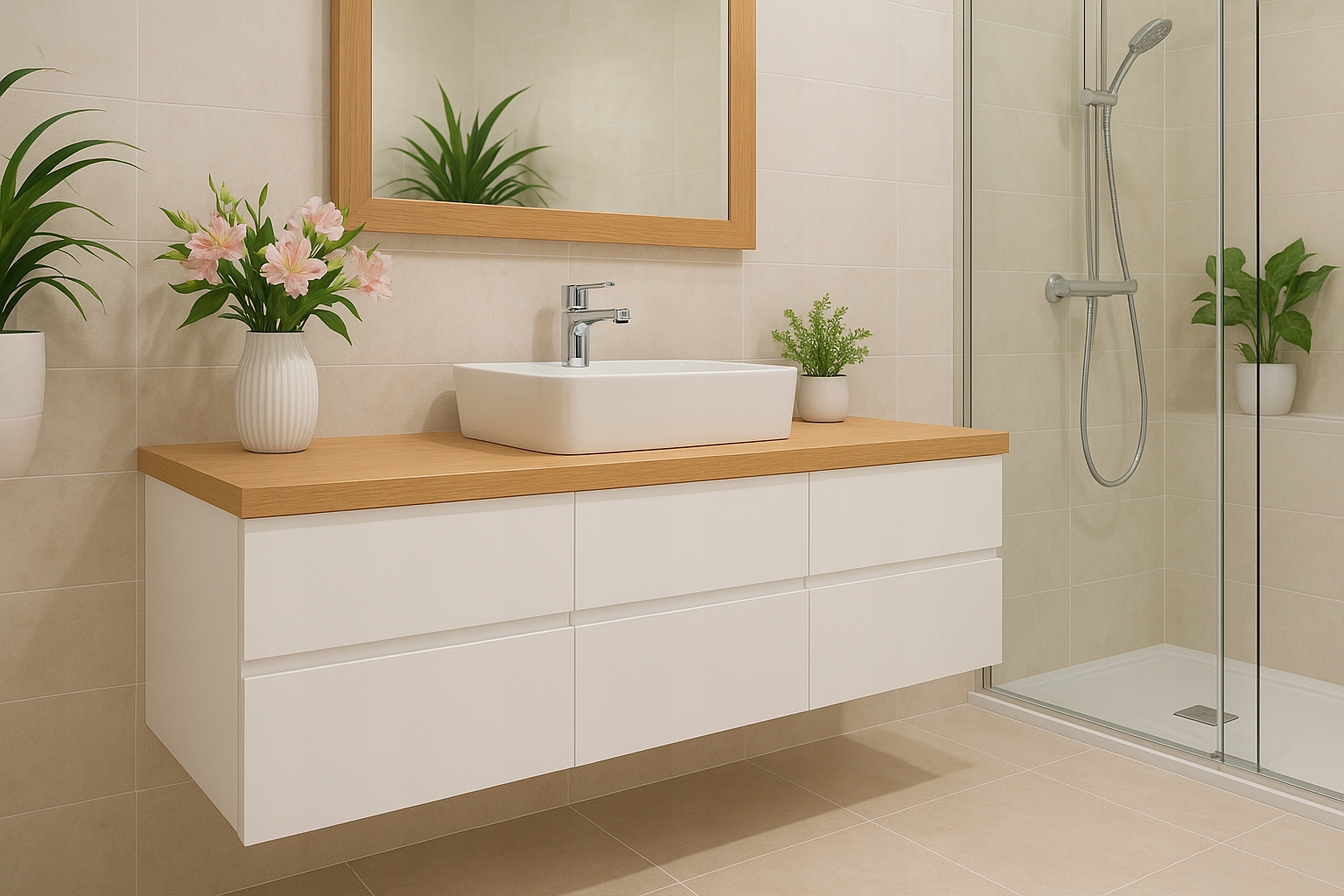 ZESTAW ŁAZIENKOWY POD UMYWALKĘ Z BLATEM DĄB | 180 CM | MDF BIAŁY LAKIER Kod producenta MEBLICO.COM - BLANKA WS3