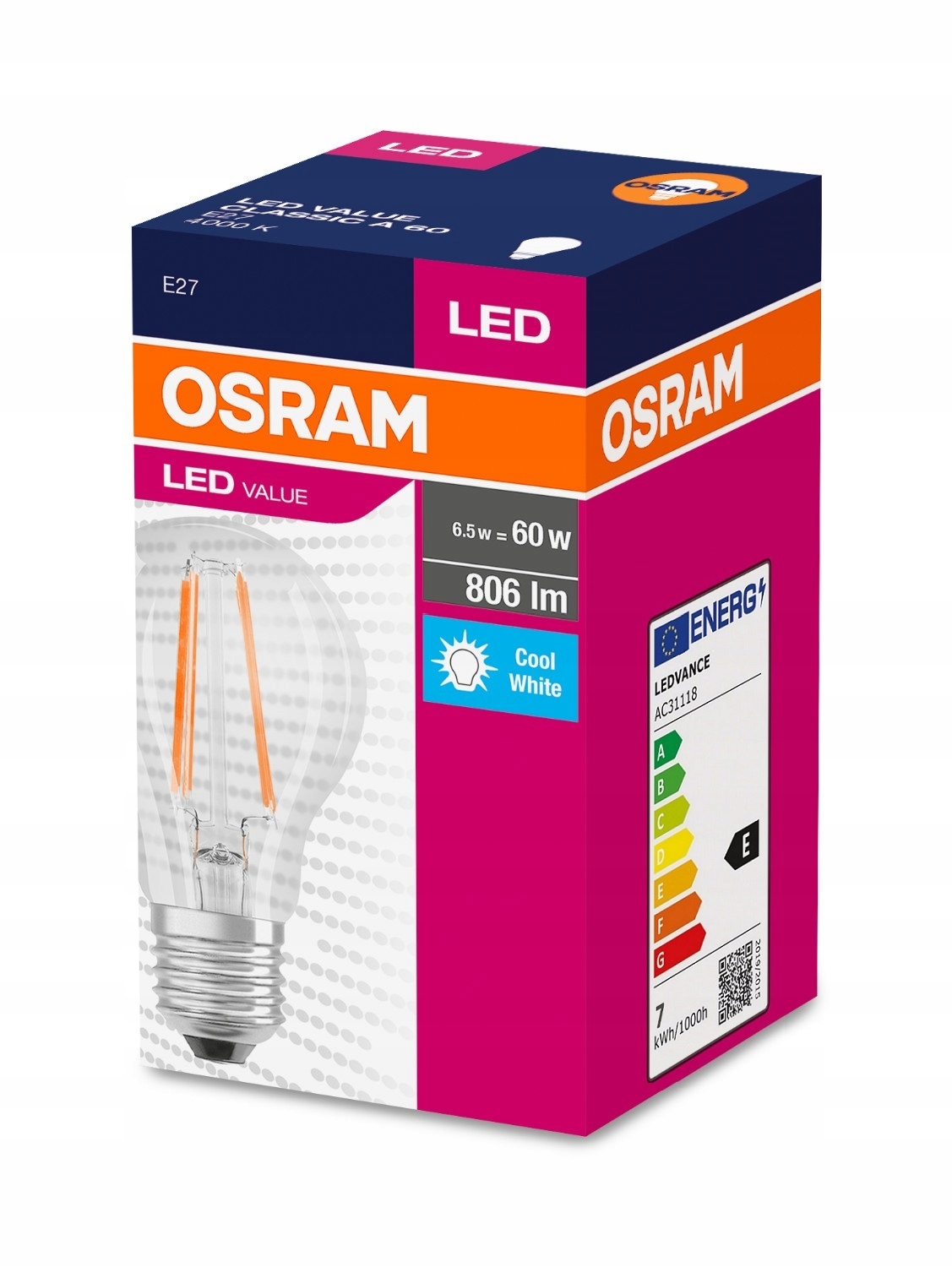 

Osram żarówka Filament Led E27 6.5W=60W 806lm 4000