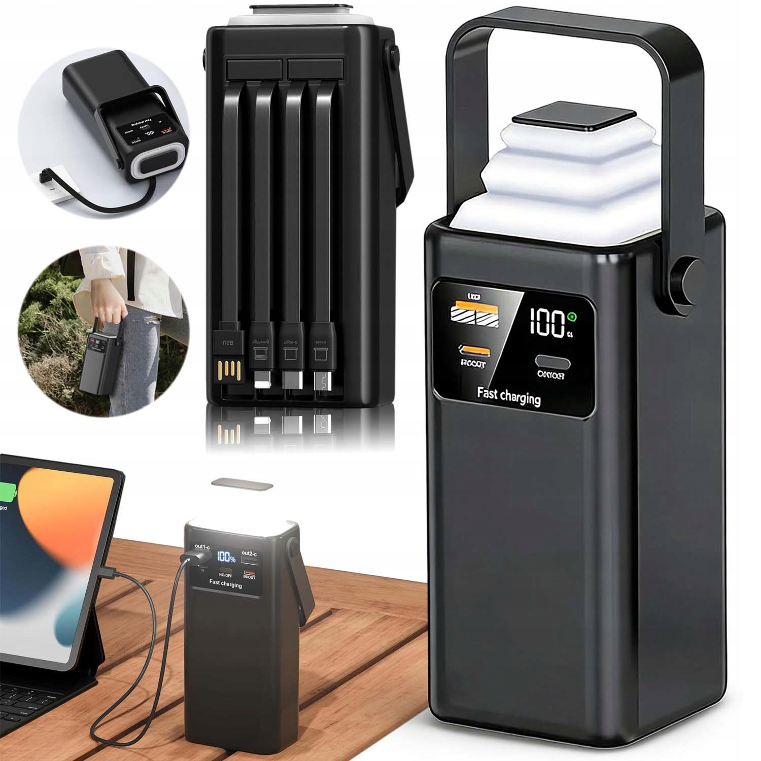 Powerbank 60000MAH Szybki 45W Pd Przenośny 7 Urządzeń Hakiem Latarka Led