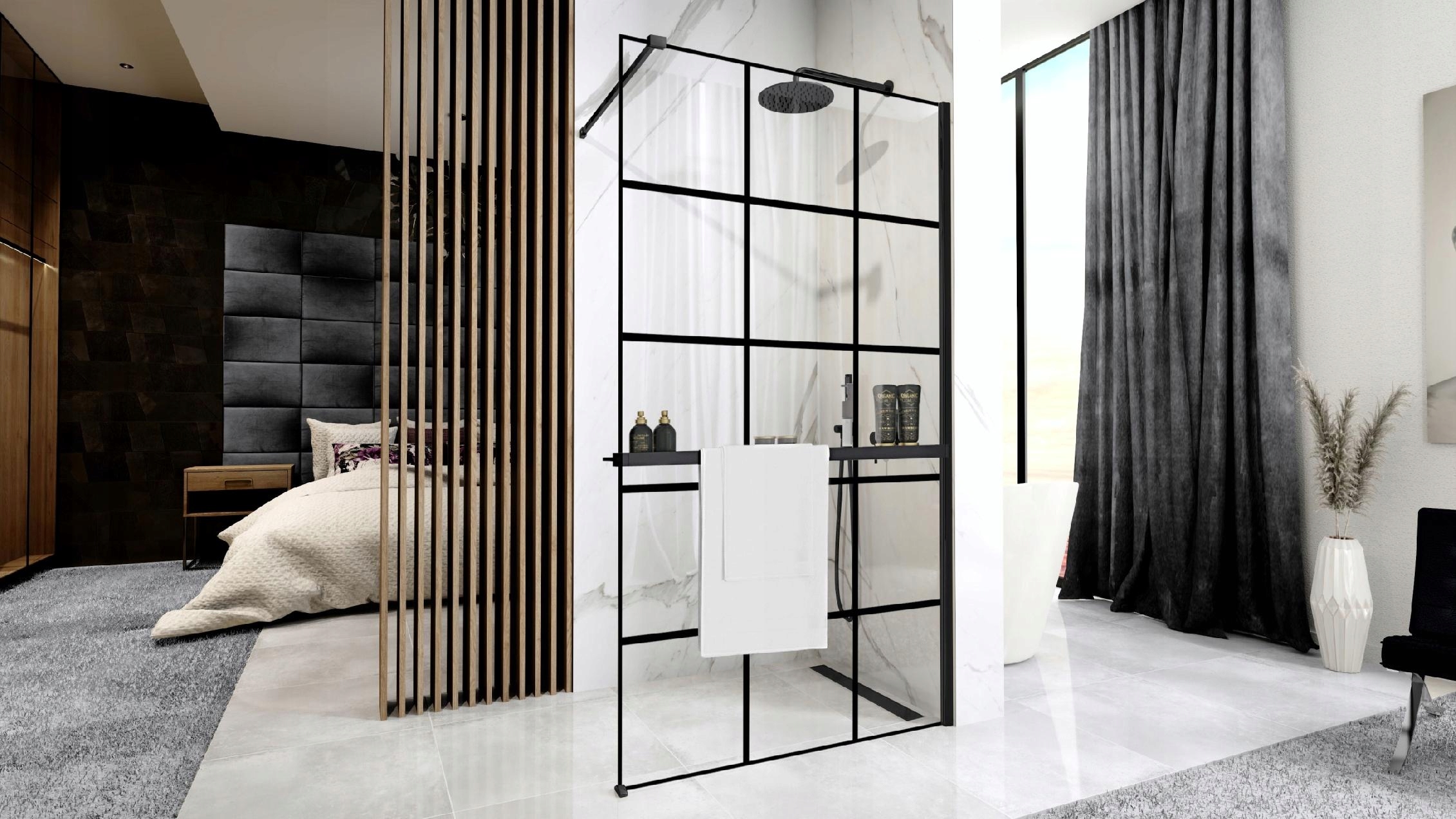 Ścianka prysznicowa BLER-1 100 czarna z półką Marka Rea