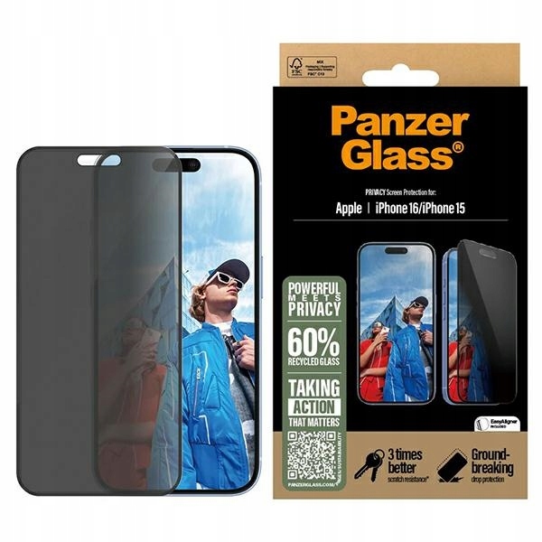 PanzerGlass Ochranné sklo s filtrem soukromí pro iPhone 16 15 6.1" Ultra-Wide Fit P286
