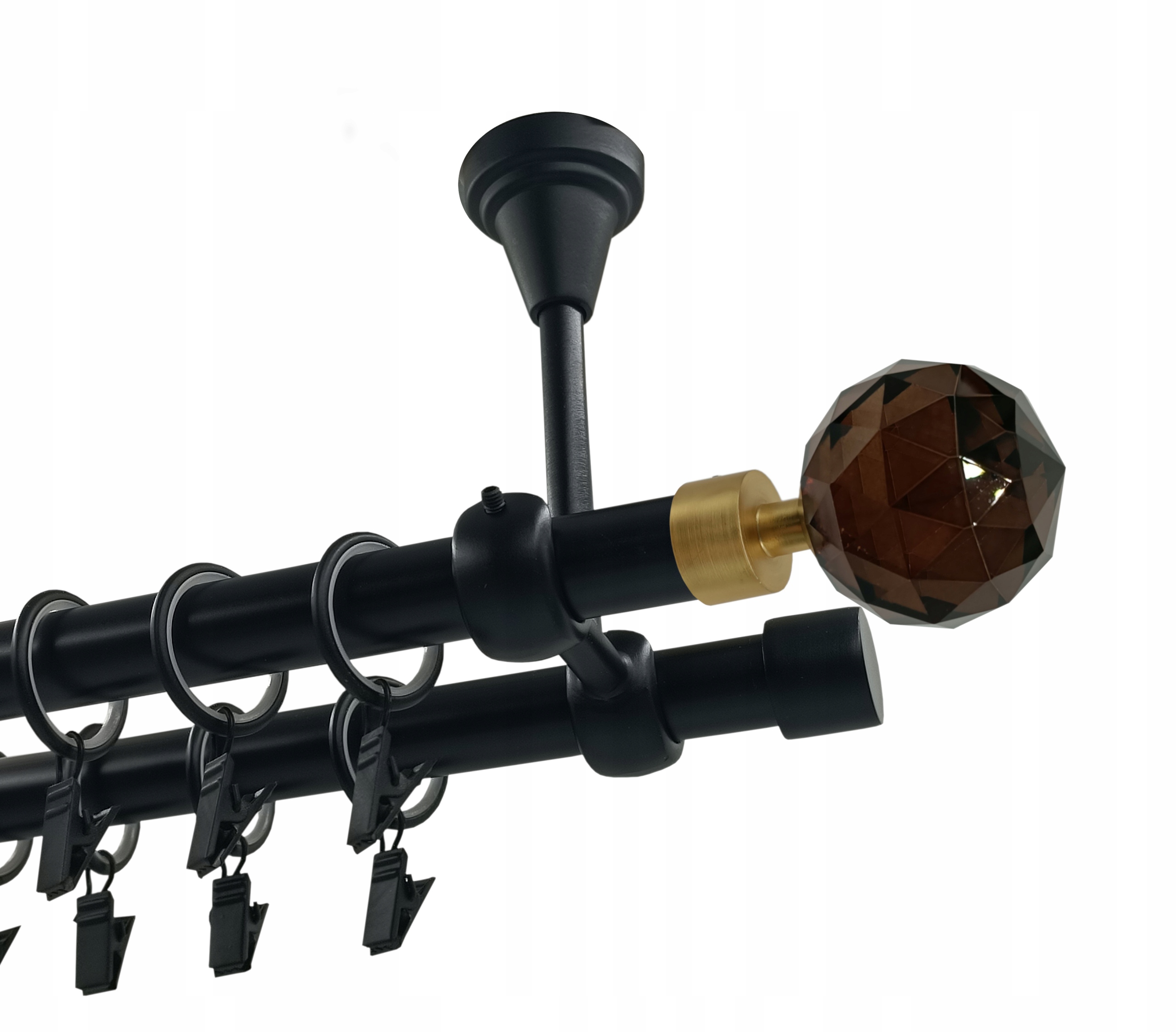 Garnýž dvojitá Kovový Strop 19+19 Černý Mat 200 cm Crystal Brown Gold