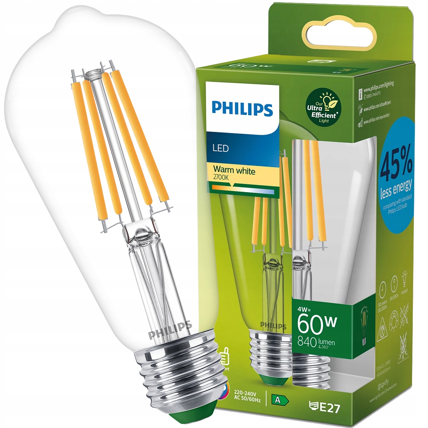 Philips Żarówka Led E27 4w 60w 2700k Filament Ultra Efficient 840lm