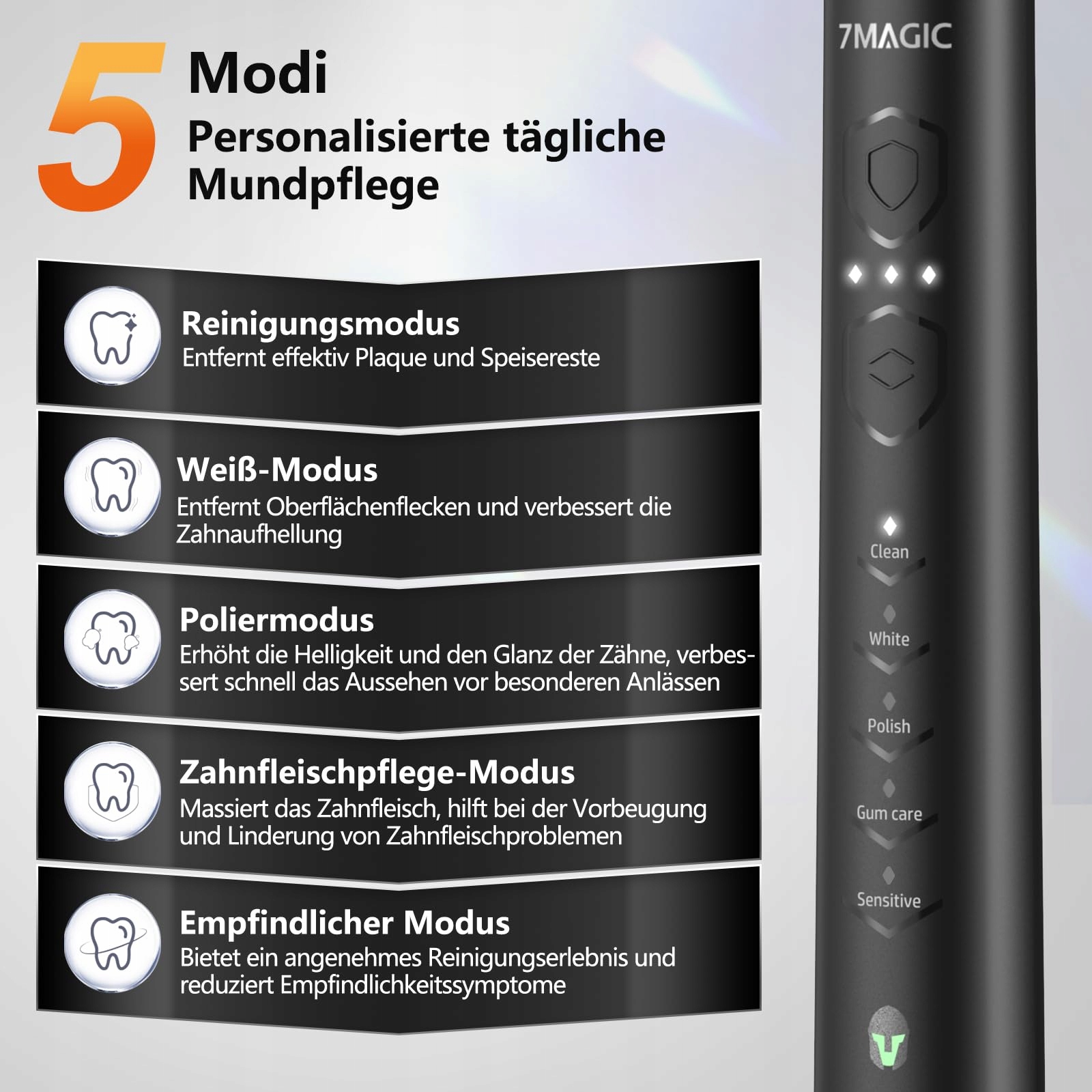 7MAGIC Szczoteczka Soniczna Elektryczna, 3 Intensywności, 5 Trybów — miniatura 3