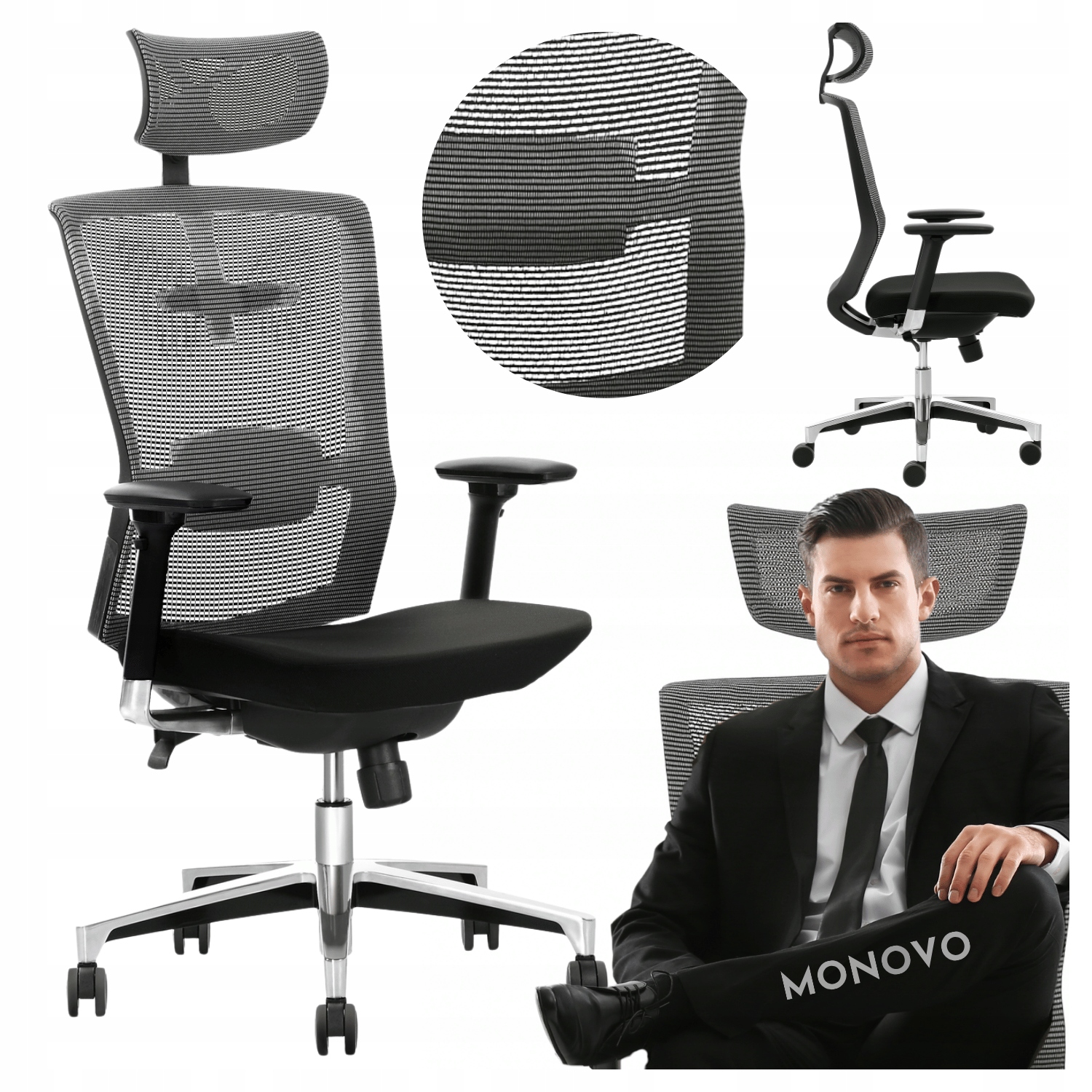 Fotel Biurowy z Atestem Ergonomiczny Szary Obrotowy do Komputera Ambasador