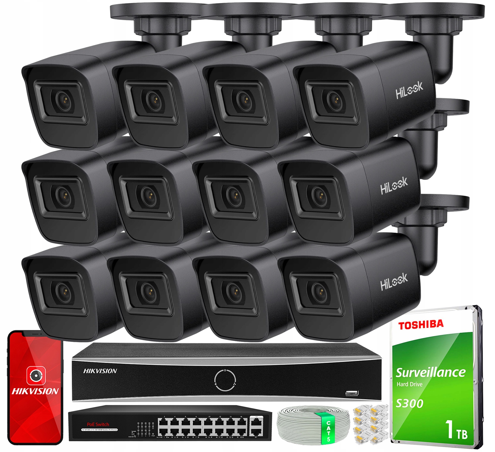 Sada na monitorovanie Ip 12 kamier IPC-B141H-C Black DS-7616NXI-K2 16x PoE