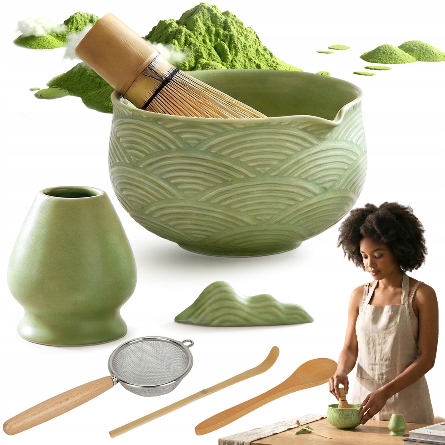 Zestaw Do Matchy Ceramiczny Czarka Miotełka Łyżeczka Do Herbaty Matcha 7SZT