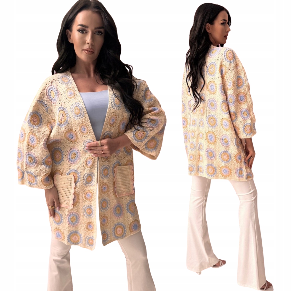 Kardigan s ažurovým vzorem, béžové kapsy na přední straně Velikost jedna velikost