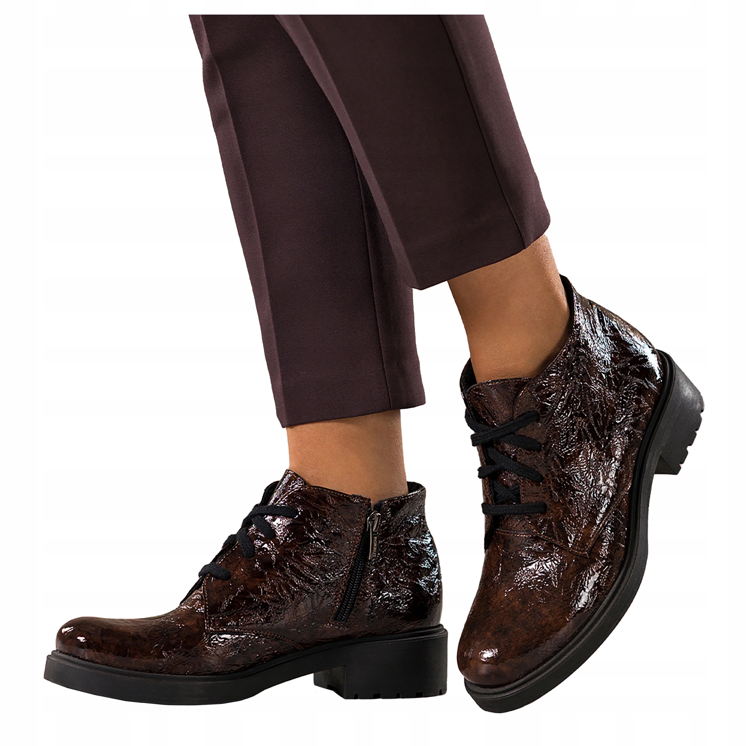 Dámské Kotníkové Boty Hnědé Kožené Lakované Modní Šněrování Pohodlné vel. 40