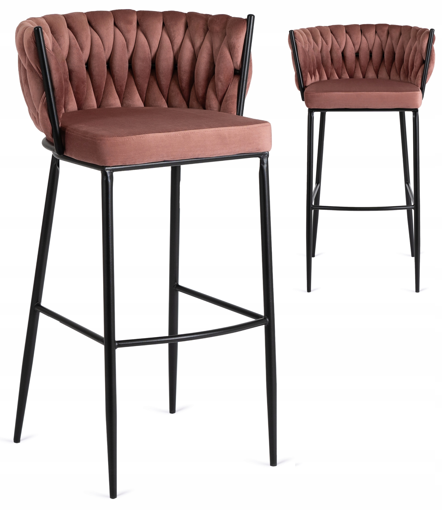 Barová Židle Loft Růžový Velurový Barový S Opěradlem Výplet Flores