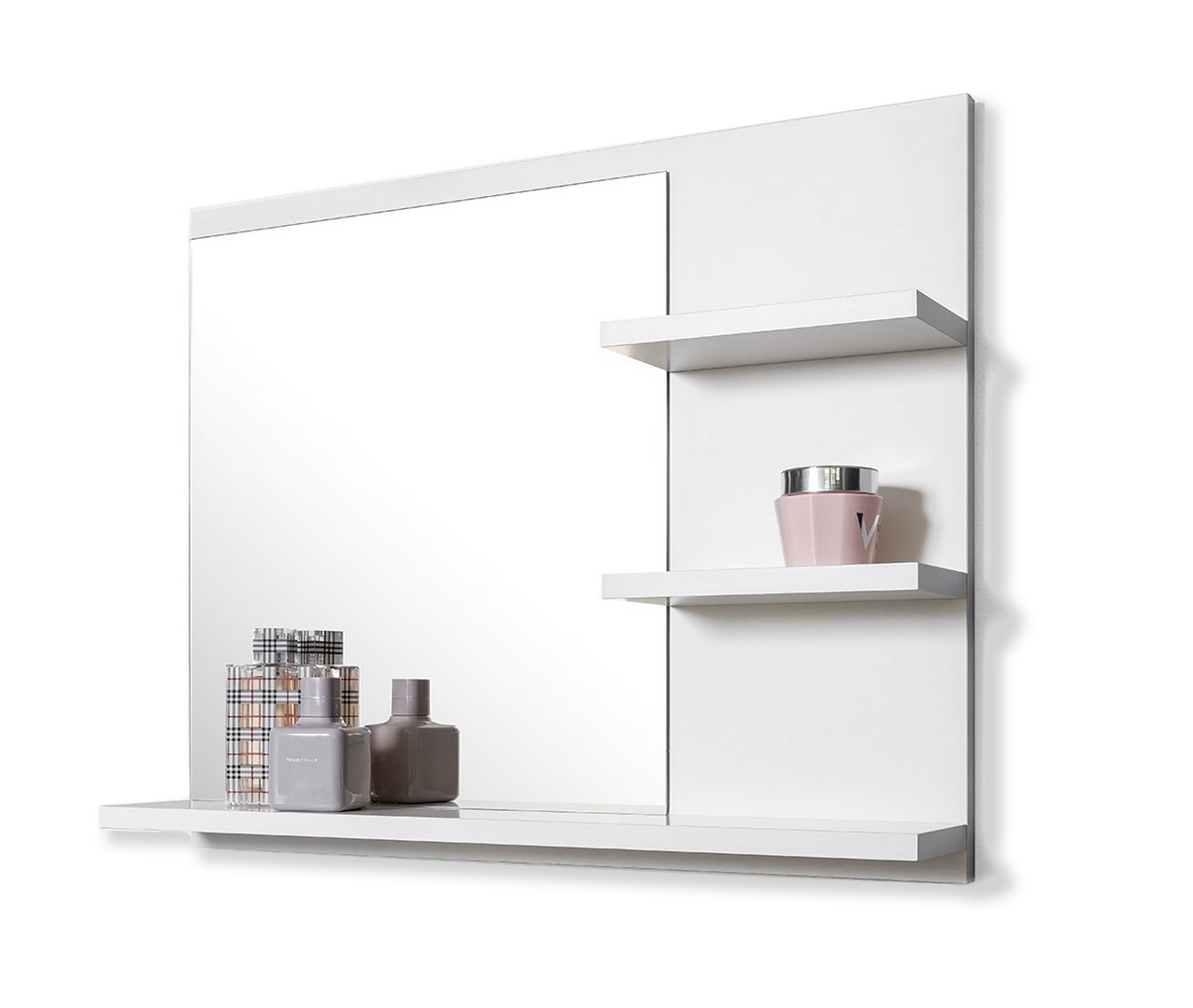 Zrcadlo do koupelny, 60x50 cm, bílá matná, s poličkami, moderní design, pravé