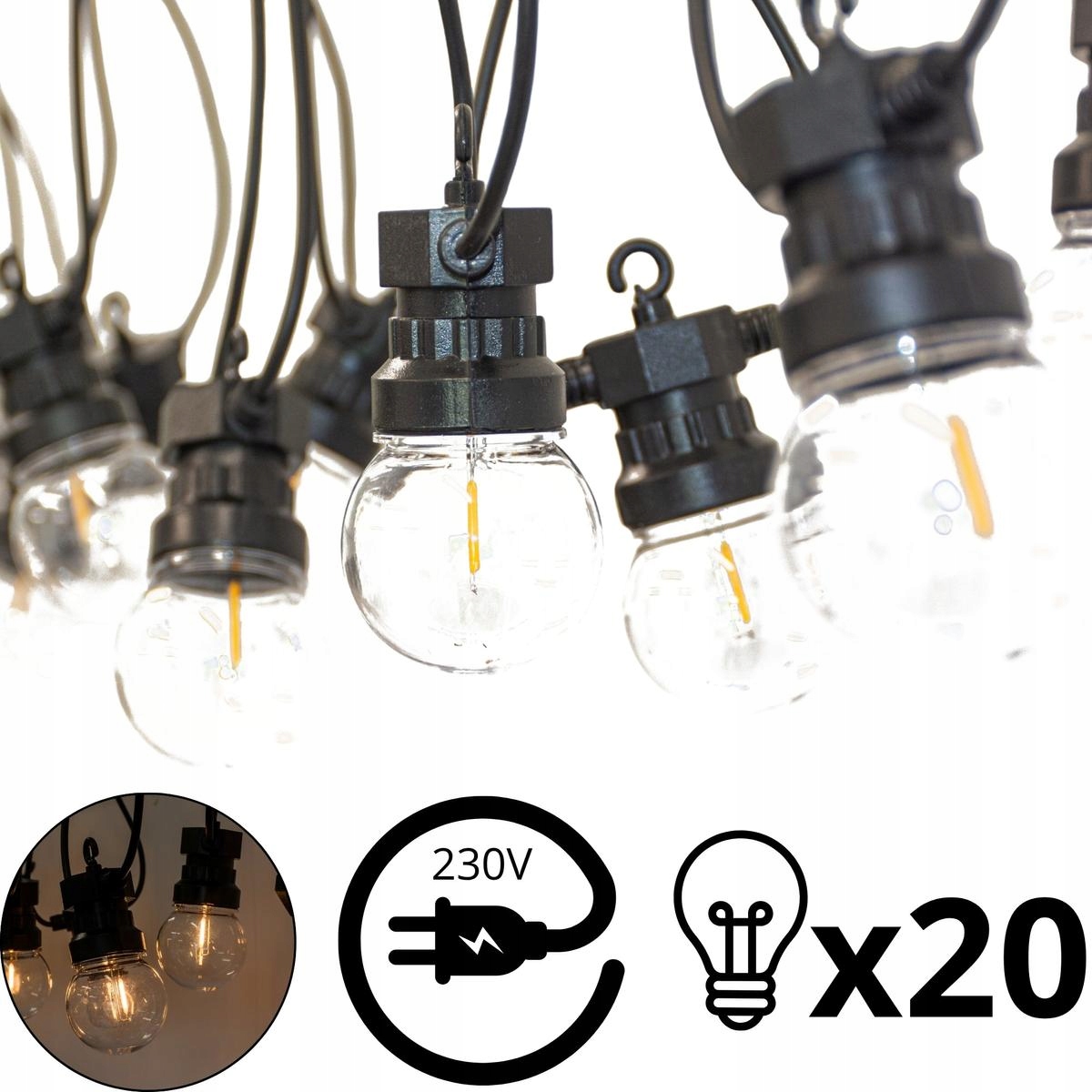 Zahradní girlanda světelný řetěz 12,5 m 20x Led žárovka venkovní 230V