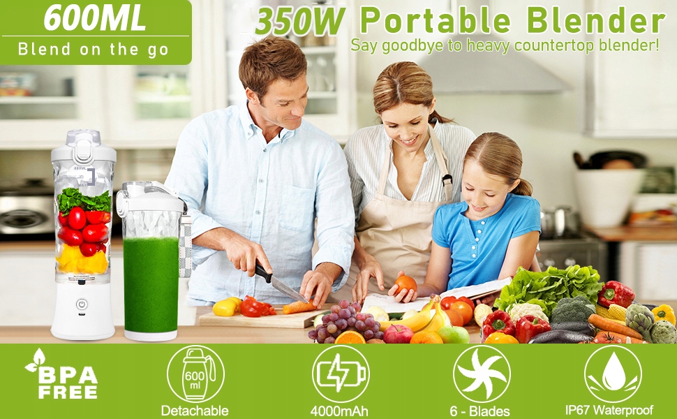 PRZENOŚNY BLENDER 600 ML, 4000mAh Baterie, ŁADOWANY PRZEZ USB(WHITE) Pojemność kielicha 0.6 l