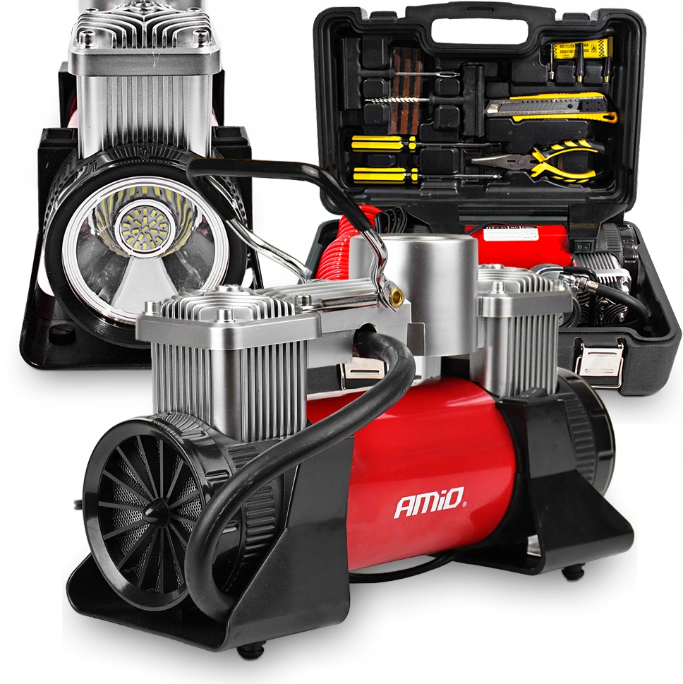 Dvojpiestový kovový kompresor s manometrom 12 V Sada na opravu kolies a pneumatík