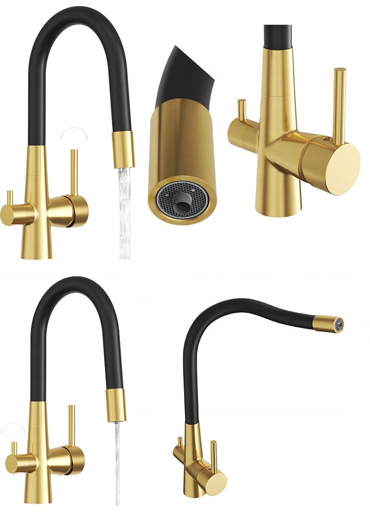 Kuchyňská třícestná baterie s flexibilním kohoutkem pro vodní filtr Fluo zlatá