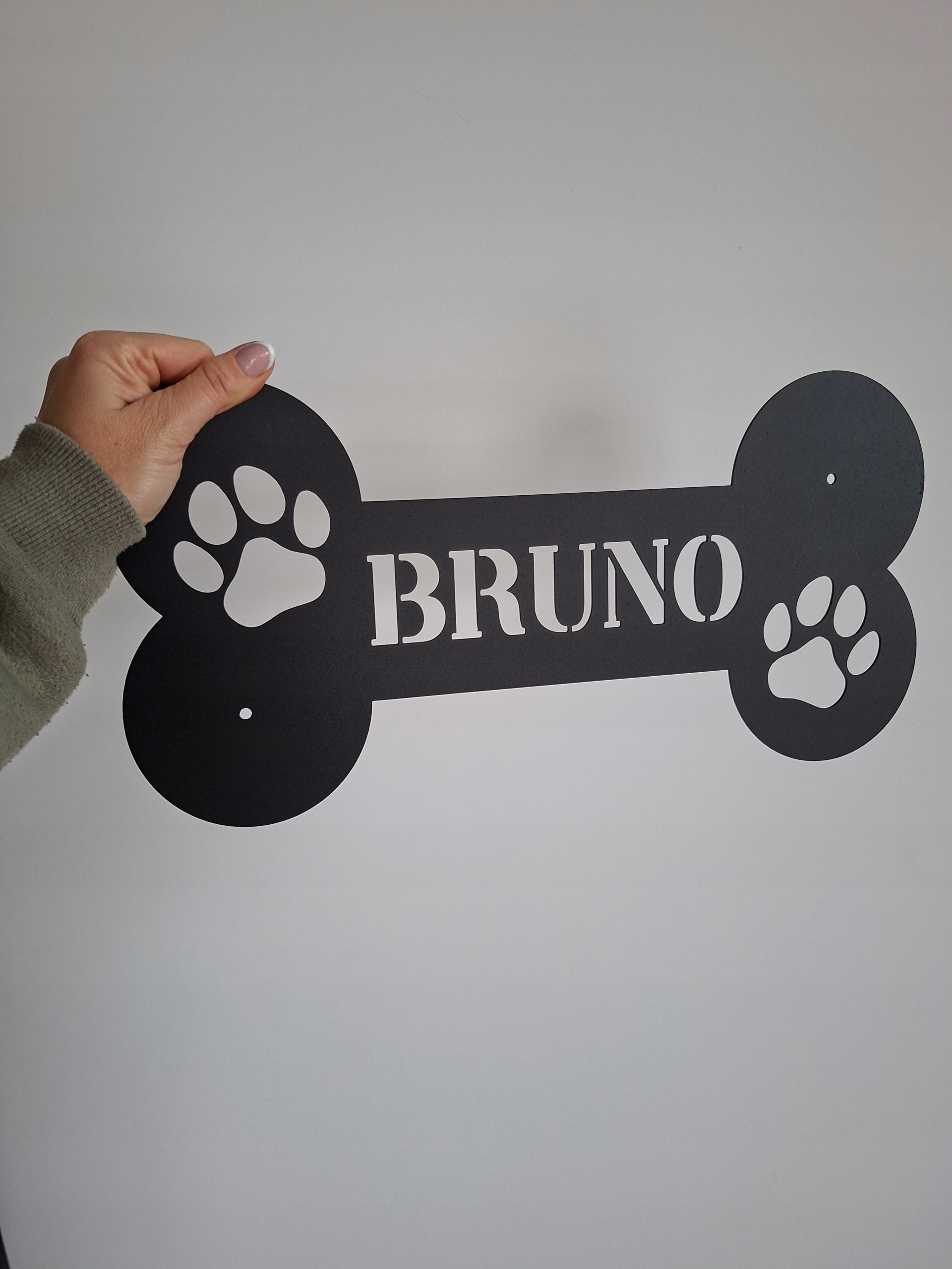 Kost s jménem psa ozdoba boudy kovová cedulka jméno Pes Buda 40 cm